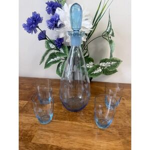 Vintage Blue Glass Floral‎ Etched Decanter Set With Matching Glasses Bar Cart